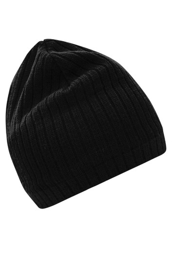 A black knitted hat with a ribbed texture and a slightly tapered top. Features a logo on the side.