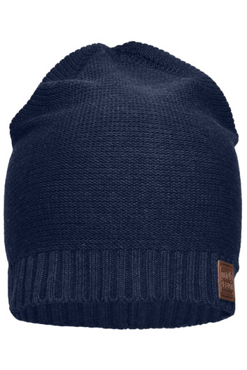 A navy cotton hat with a textured design and a ribbed band, featuring a small logo.