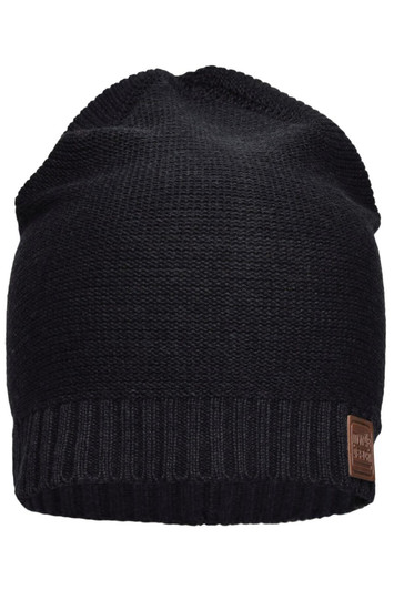 A black cotton beanie hat with a ribbed edge and a logo on the side.