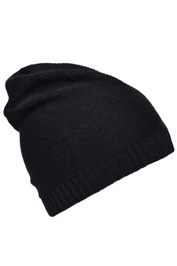 A black cotton hat with a slouchy design and ribbed band at the bottom. It features a logo on the side.