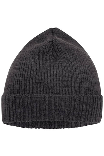 A basic knitted beanie in dark grey, featuring a rolled cuff and a textured pattern.