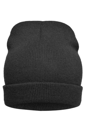 A black knitted beanie with a ribbed texture and a fold-up cuff. It features a logo on the side.
