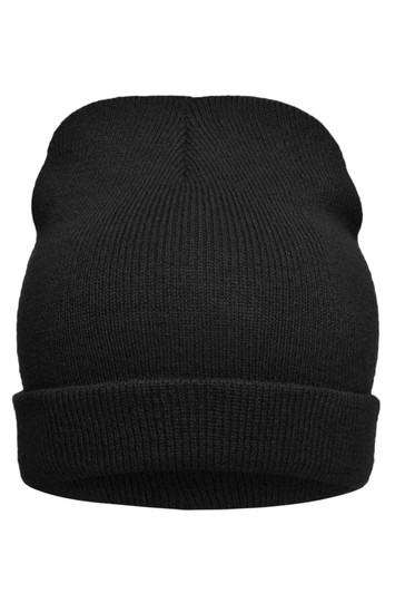 A black knitted beanie with a ribbed texture and a turned-up cuff. It features a logo.