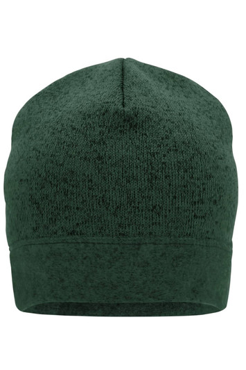 A dark green knitted fleece beanie with a textured finish and a logo at the back.