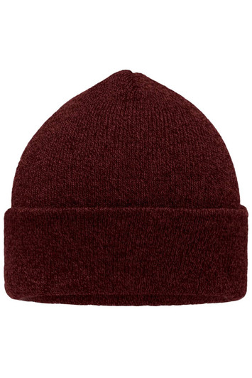 A maroon beanie with a turned-up cuff and a soft knitted texture. It features a logo on the side.