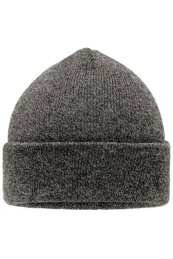 A grey knitted beanie with a folded cuff and a subtle texture, featuring a logo on one side.