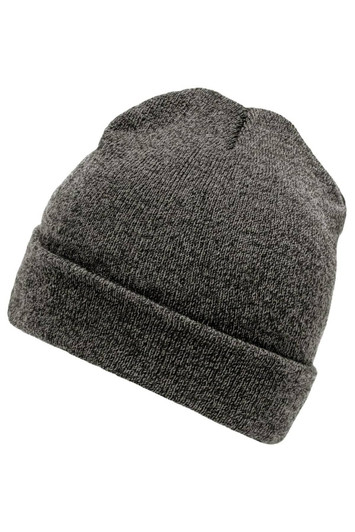 A grey beanie with a rolled cuff, featuring a textured knit design and a logo on the side.