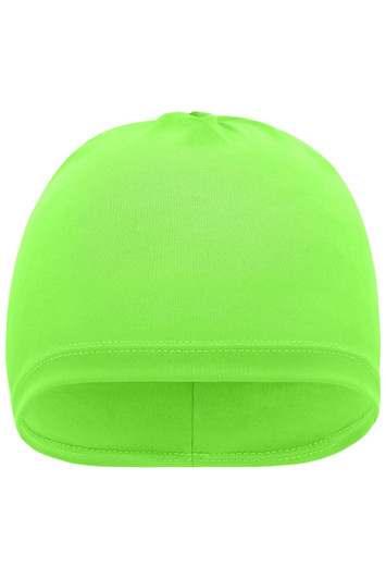 A green beanie with a seamless design, featuring an opening for the head. It has a smooth, lightweight texture.