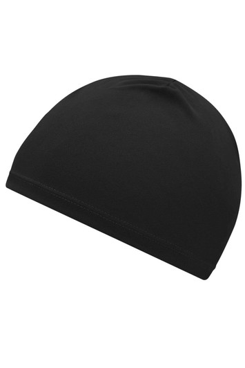 A black running beanie with a smooth finish and a snug fit. It has a simple design and features a logo.
