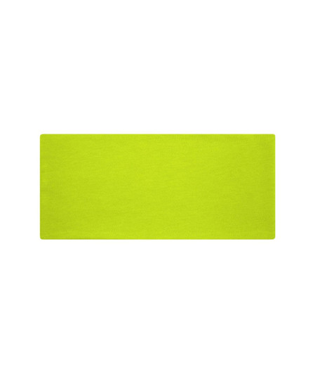 A bright lime green headband made from bio cotton, featuring a simple design and a logo.