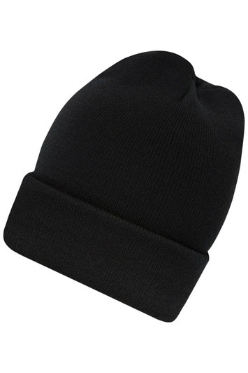 A high brim beanie in solid black, featuring a folded cuff and a smooth texture. It includes a small logo.