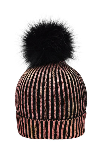 A ladies metallic beanie featuring a pink and black striped design with a fluffy black pom-pom on top.