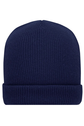 A soft knitted winter beanie in navy blue with a folded brim. Features a simple design and no visible logos.