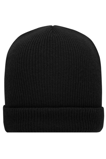 A soft knitted winter beanie in black with a ribbed texture and turned-up cuff, featuring a logo.