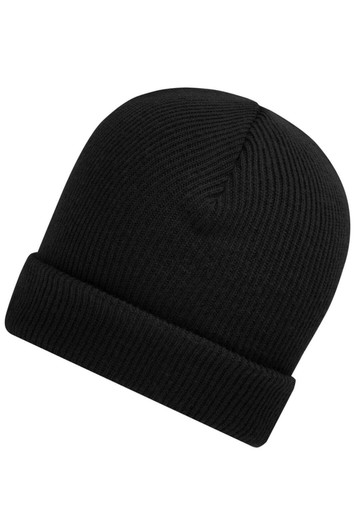 A black knitted winter beanie featuring a folded cuff design, showcasing a simple and classic style.