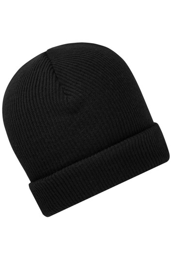 A black knitted winter beanie with a folded cuff and ribbed texture. It features a logo on the side.