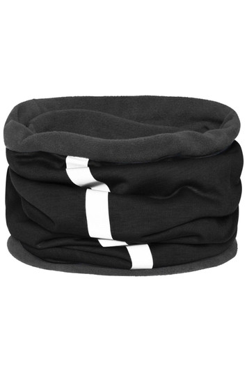 A black winter tube scarf featuring a white stripe design and a soft, inner lining. It has a logo present.