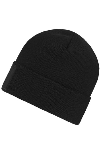 A black knitted beanie with a patch, featuring a rolled-up cuff design.