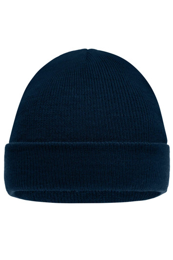 A knitted beanie in dark navy blue with a folded cuff. It features a logo on the side.