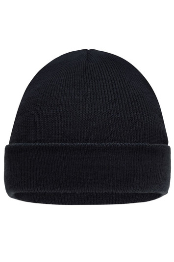 A knitted black beanie with a folded cuff and ribbed texture, featuring a logo. Perfect for kids' headwear.