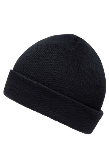 A black knitted beanie with a folded cuff, featuring a logo on the side. Ideal for kids' headwear.