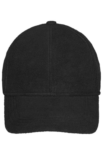 A black fleece cap with earflaps, featuring a structured six-panel design and a logo on the front.