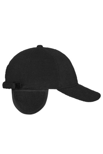 A black 6-panel fleece cap with earflaps and an adjustable strap at the back. It has a logo on the side.