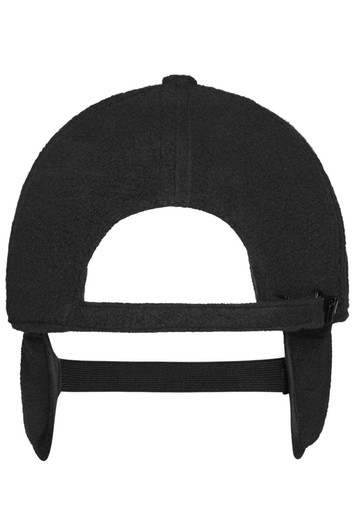 A black 6 panel fleece cap with earflaps and an adjustable strap at the back. It features a logo.