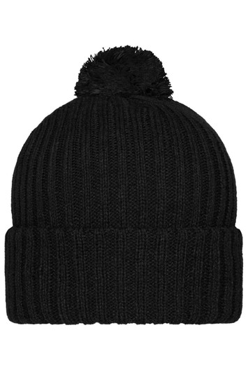 A black knitted beanie with a pompon on top. The beanie features a ribbed design and a fold-over cuff.