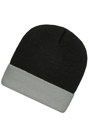 A knitted beanie in black with a grey cuff, featuring a logo. Ideal for cooler weather.