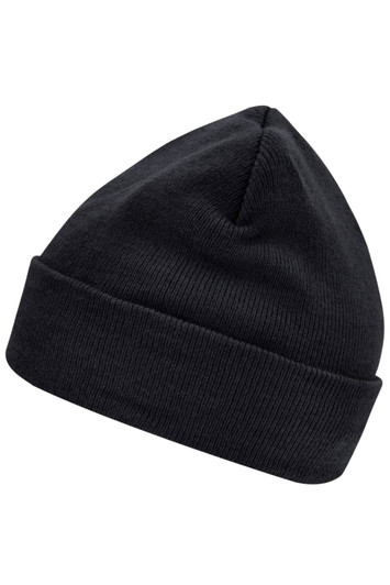 A black knitted beanie featuring Thinsulate™ technology and a folded cuff. The item has a logo present.