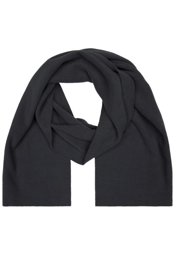 A fleece scarf in a solid dark grey colour, featuring a smooth and soft texture. It has a logo.