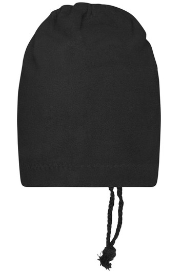 A black balaclava with a drawstring at the base, designed as a clothing accessory. It has a plain appearance.