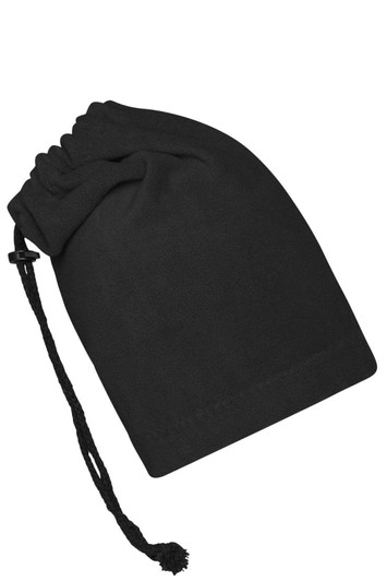 A black balaclava with a drawstring closure, designed as a clothing accessory.