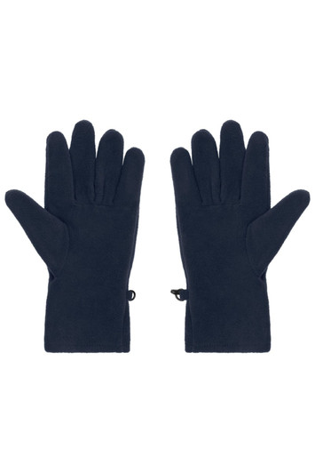 Navy microfleece gloves with a smooth finish and adjustable wrist closures, featuring a discreet logo.