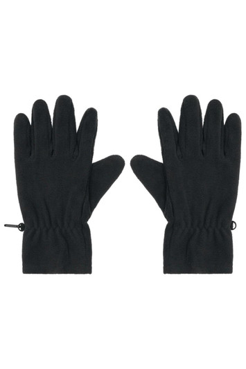 Black microfleece gloves with an elasticised wrist for a snug fit. Features a logo on the fabric.