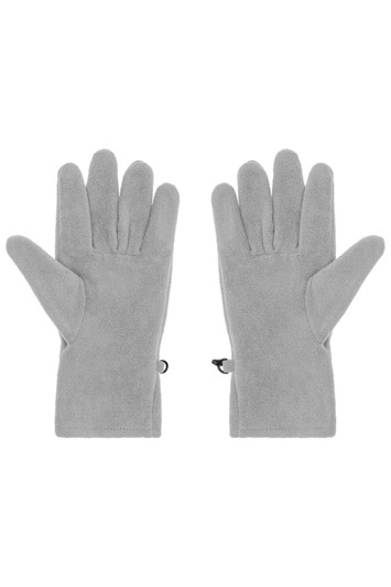 A pair of grey microfleece gloves with a smooth finish and elastic fasteners at the wrists.