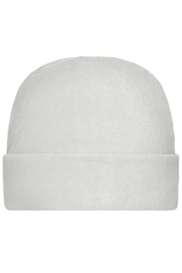 A microfleece cap in white with a folded brim, featuring a logo on the side.