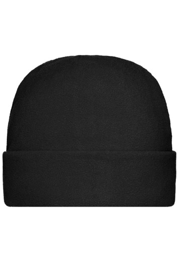 A black microfleece cap with a rolled brim and soft, textured material. It features a logo on the side.