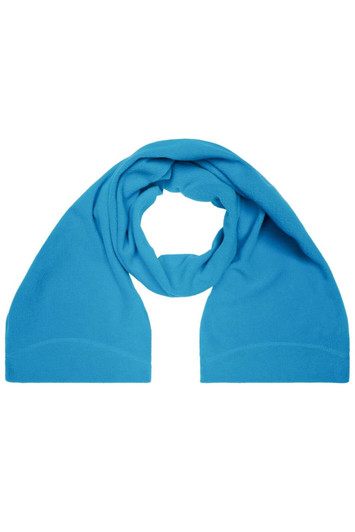 A microfleece scarf in bright blue, featuring a smooth, soft texture and a simple design. It includes a logo.
