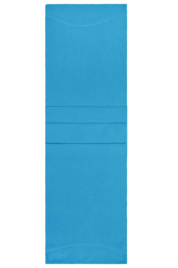 A blue microfleece scarf featuring a simple, streamlined design with a branding logo.