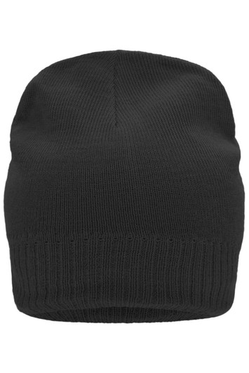 A black knitted beanie with a fleece inset, featuring a ribbed cuff and a smooth top.