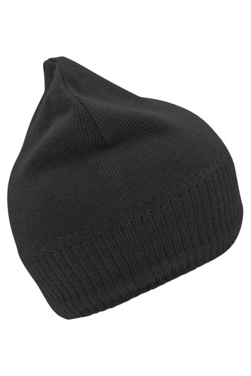 A black knitted beanie with a fleece inset, featuring a snug fit and ribbed design.