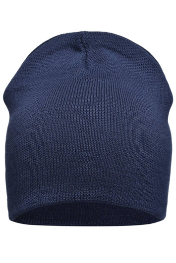 A cotton beanie in navy blue with a simple design and logo.