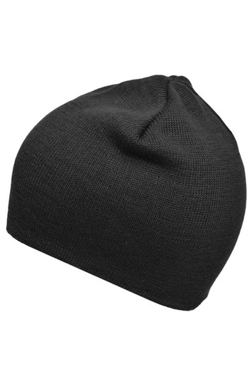 A black cotton beanie with a snug fit, featuring a simple knitted texture. Logo present on the product.