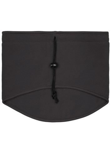 A black Thinsulate™ neckwarmer with a drawstring closure and rounded bottom edge. It features a logo.