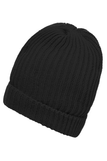 A black knitted beanie with a ribbed texture and a folded cuff. It features a logo on the side.