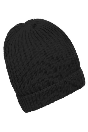 A black knitted beanie with a ribbed texture, featuring a fold-up cuff. The beanie has a simple, classic design.