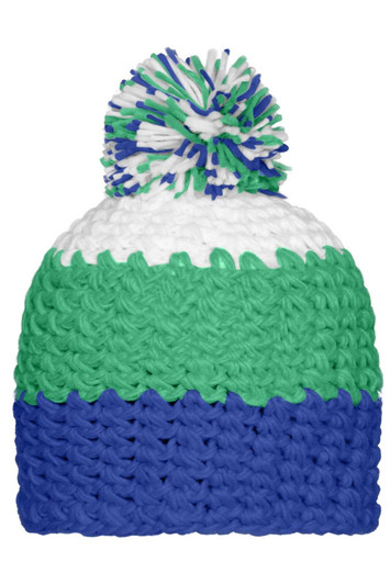 A beanie with a pompon, featuring green, white, and blue stripes in a knitted design. It has a colourful pompon on top.