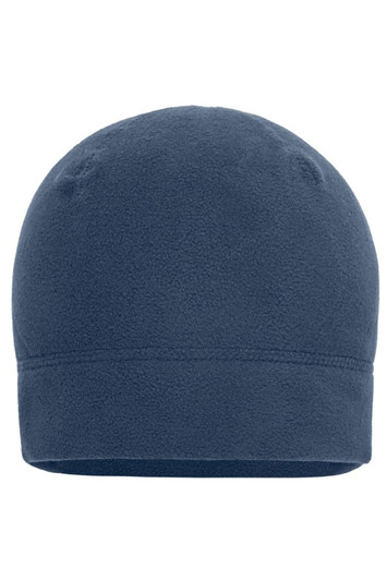 A microfleece beanie in navy blue, featuring a seamless design and no visible branding.